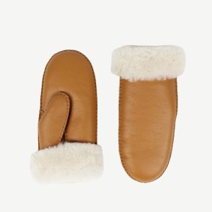 Ina Leather Shearling Mittens, Cognac